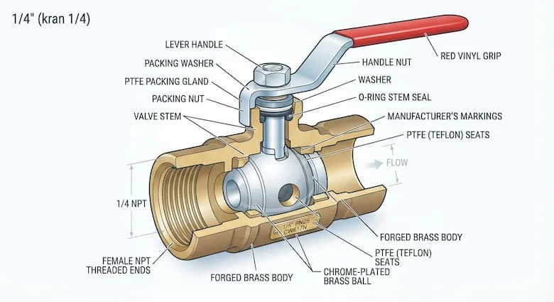 bản vẽ kỹ thuật chi tiết mặt cắt của van bi 1/4 inch (Kran 1/4), thể hiện tất cả các bộ phận bên trong bao gồm thân bằng đồng thau, bi mạ crom, gioăng PTFE, trục van, phớt trục, đầu ren trong, vòng chữ O, đai ốc đệm và tay gạt