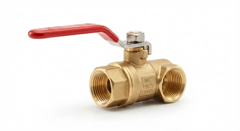 ảnh sản phẩm chân thực trong studio về một van bi bằng đồng thau 1/4 inch (kran 1/4) có đầu ren trong và tay cầm màu đỏ
