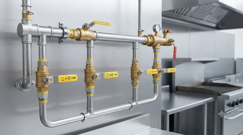 Van gas thực tế được lắp đặt trên đường ống dẫn khí công nghiệp trong nhà bếp thương mại, lắp đặt sạch sẽ và chuyên nghiệp