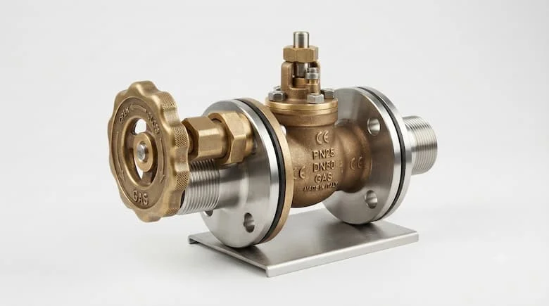 Ảnh sản phẩm chuyên nghiệp về van gas bằng đồng thau và thép không gỉ, kiểu dáng công nghiệp, nền trắng sạch, ánh sáng studio, hình ảnh chân thực
