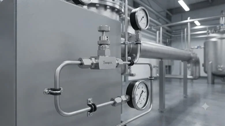 Hệ thống thiết bị đo lường công nghiệp thực tế sử dụng van kim Swagelok kết nối với ống thép không gỉ, đồng hồ đo áp suất và đường ống xử lý, môi trường nhà máy hiện đại