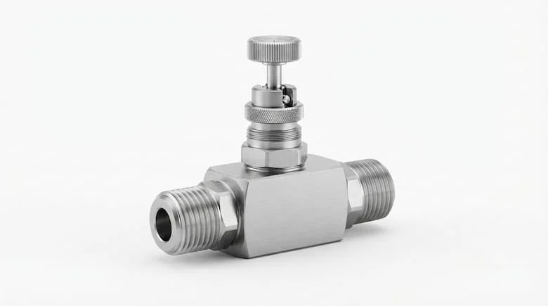Ảnh sản phẩm chuyên nghiệp của van kim Swagelok, thân bằng thép không gỉ, trục kim chính xác và thiết kế công nghiệp nhỏ gọn