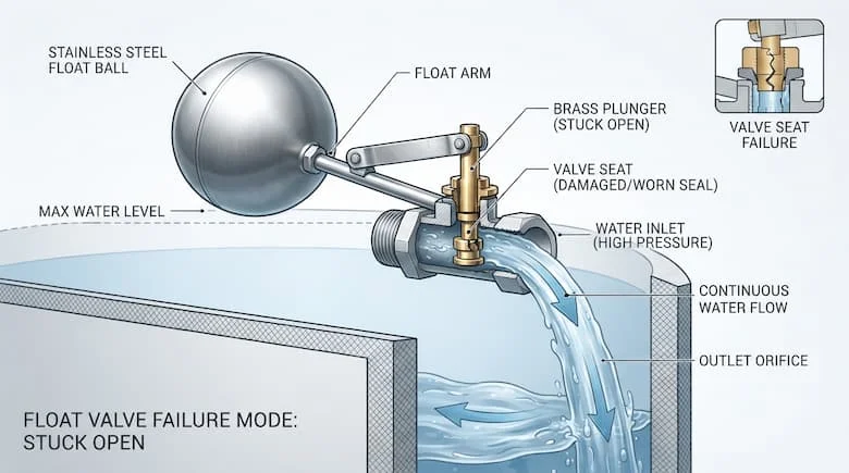 Hình ảnh kỹ thuật minh họa van phao bể nước bị lỗi không đóng kín nước, thể hiện phao, cơ cấu van, đường dẫn nước vào và dòng chảy nước liên tục, phong cách kỹ thuật thực tế