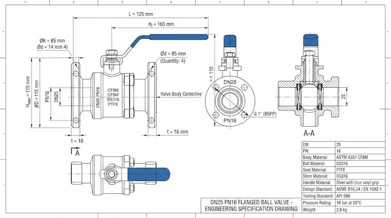 Bản vẽ kỹ thuật chi tiết của van DN25 PN16, thể hiện kích thước DN25, định mức PN16, kích thước kết nối và các thông số quan trọng, hình minh họa cơ khí chính xác