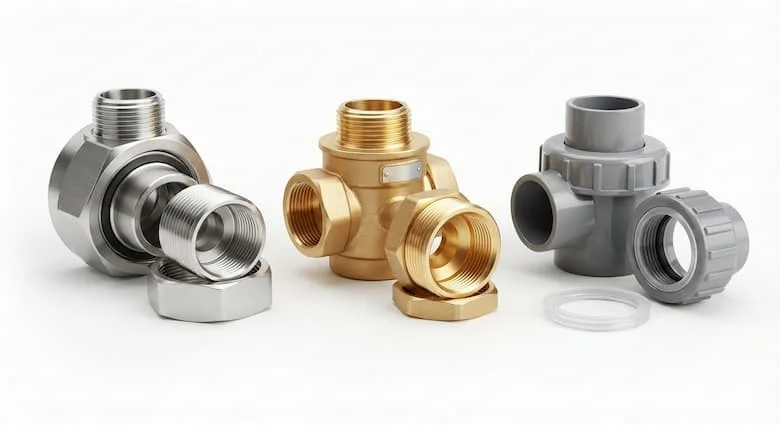 Mô hình cực kỳ chân thực của phụ kiện ống nối công nghiệp (rắc co) làm từ thép không gỉ 304, đồng thau và PVC, được trưng bày trên nền trắng sạch