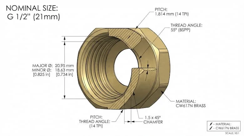 Hình minh họa kỹ thuật cận cảnh của một phụ kiện ren trong 21mm, thể hiện cấu trúc và kích thước ren bên trong