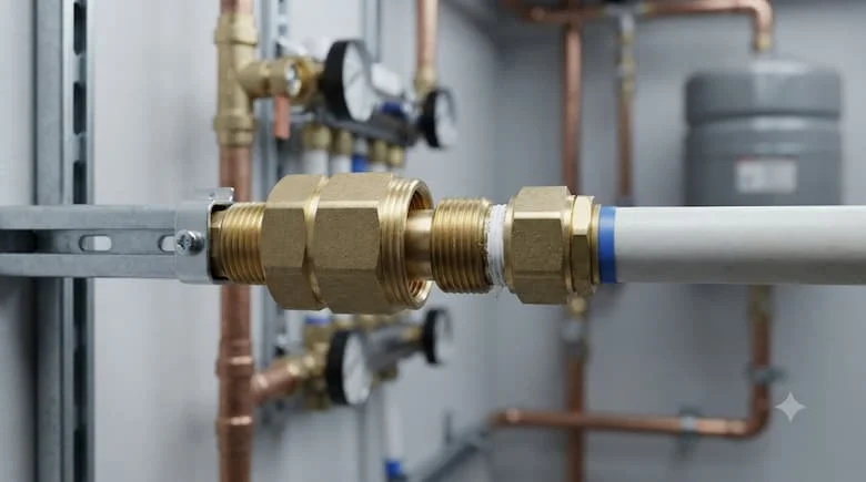 Hình ảnh thực tế lắp đặt một phụ kiện bằng đồng thau có ren trong 21mm được kết nối với đường ống nước và đầu nối có ren ngoài, hệ thống đường ống nước