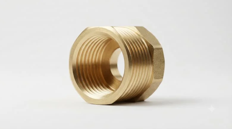 Ảnh sản phẩm thực tế của một phụ kiện ren trong 21mm, phụ kiện ống đồng thau, ren bên trong nhìn rõ, sản phẩm ống nước công nghiệp