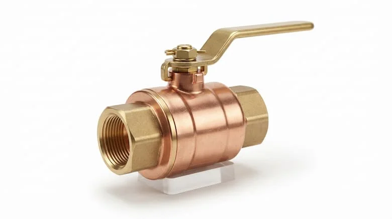 Hình ảnh sản phẩm bằng đồng/thau Romine chân thực, bề mặt đồng được đánh bóng, phụ kiện công nghiệp, góc nhìn 3/4, phông nền studio màu trắng, kết cấu kim loại sống động