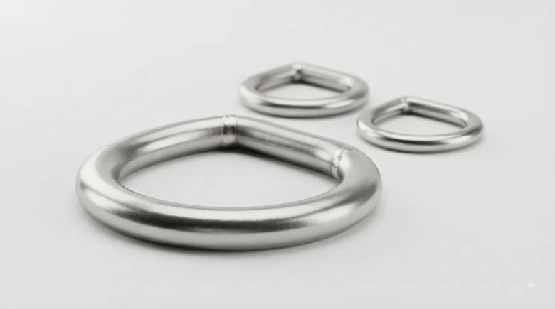 bức ảnh sản phẩm công nghiệp chuyên nghiệp, cao cấp về một chi tiết phần cứng dạng vòng chữ D bằng thép không gỉ