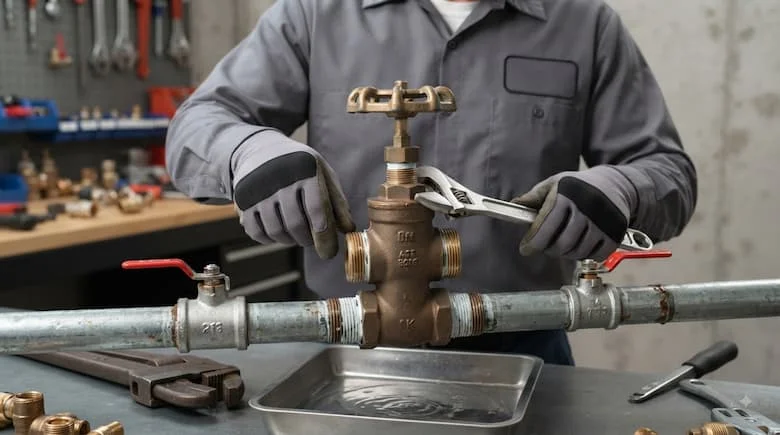 một cảnh sửa chữa đường ống nước chuyên nghiệp thực tế, thể hiện kỹ thuật viên đang kiểm tra và tháo rời van nước bằng đồng thau từ đường ống cấp nước nhà ở