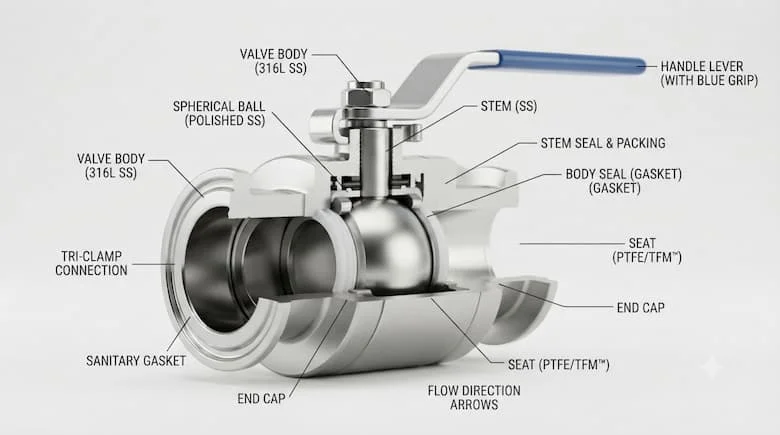 Hình ảnh 3D chi tiết mô phỏng van bi bằng thép không gỉ dùng trong vệ sinh, thể hiện thân van, bi van, trục van, đế van, gioăng và khớp nối ba chấu