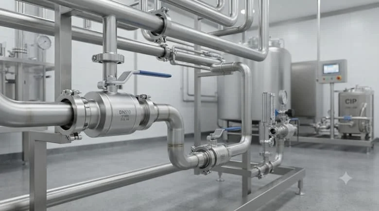 Van bi bằng thép không gỉ vệ sinh được lắp đặt trong đường ống chế biến thực phẩm và đồ uống hợp vệ sinh, ống thép không gỉ 316L được đánh bóng, môi trường nhà máy sạch sẽ, hình ảnh công nghiệp chân thực