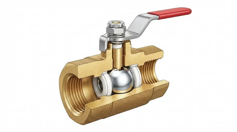 Hình minh họa kỹ thuật mặt cắt của van 1/4 inch, thể hiện thân van, trục van, gioăng làm kín, đường dẫn dòng chảy bên trong và khớp nối ren, theo phong cách kỹ thuật, nền trắng sạch