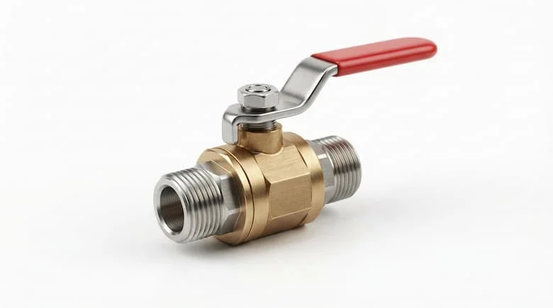 Ảnh sản phẩm chuyên nghiệp của một van công nghiệp 1/4 inch, thân bằng đồng thau hoặc thép không gỉ nhỏ gọn, kết nối ren