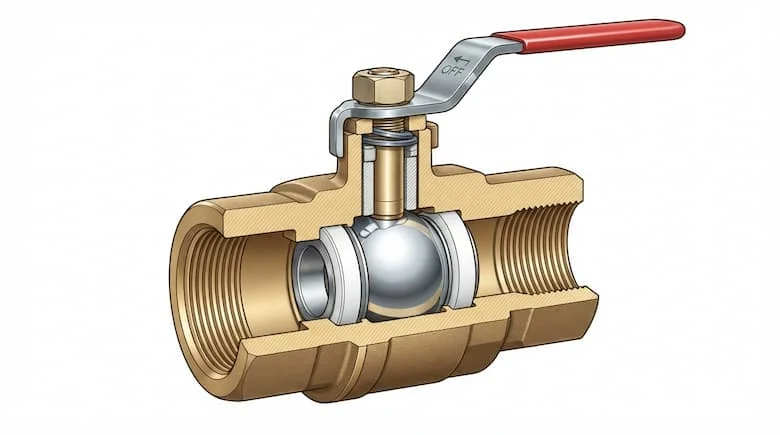 bản vẽ kỹ thuật chi tiết mặt cắt của van 3/4 inch, thể hiện thân van, trục van, các bộ phận làm kín, đường dẫn dòng chảy bên trong và các mối nối ren, theo phong cách kỹ thuật