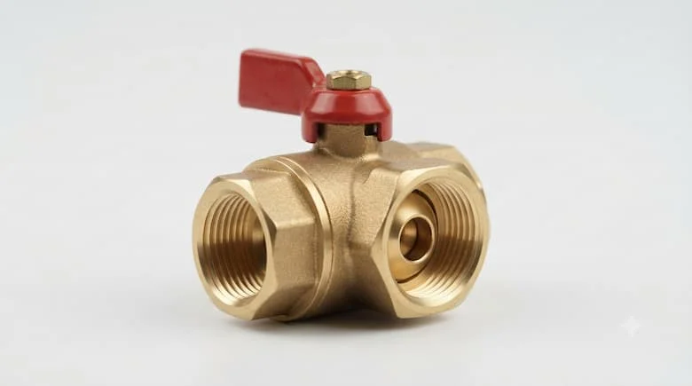Ảnh sản phẩm thực tế của một van 3/8 inch, van bi bằng đồng thau nhỏ gọn với các kết nối ren, sản phẩm ống nước công nghiệp