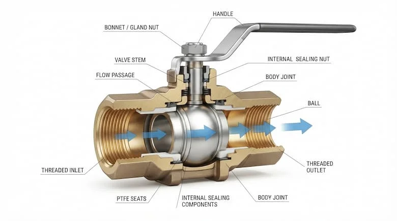 bản vẽ kỹ thuật chi tiết mặt cắt của van công nghiệp DN20. Thể hiện mặt cắt ngang thực tế của van bi ren DN20, với các bộ phận bên trong được nhìn thấy rõ ràng