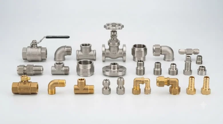 Ảnh sản phẩm chuyên nghiệp về các loại phụ kiện van công nghiệp, bao gồm phụ kiện ren, mặt bích, hàn ổ cắm và nén, bằng thép không gỉ và đồng thau, nền trắng sạch