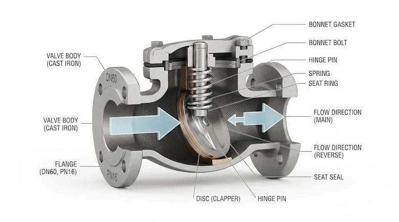 Hình minh họa kỹ thuật mặt cắt của van một chiều 60mm, thể hiện thân van, đĩa van, lò xo, đế van và hướng dòng chảy,