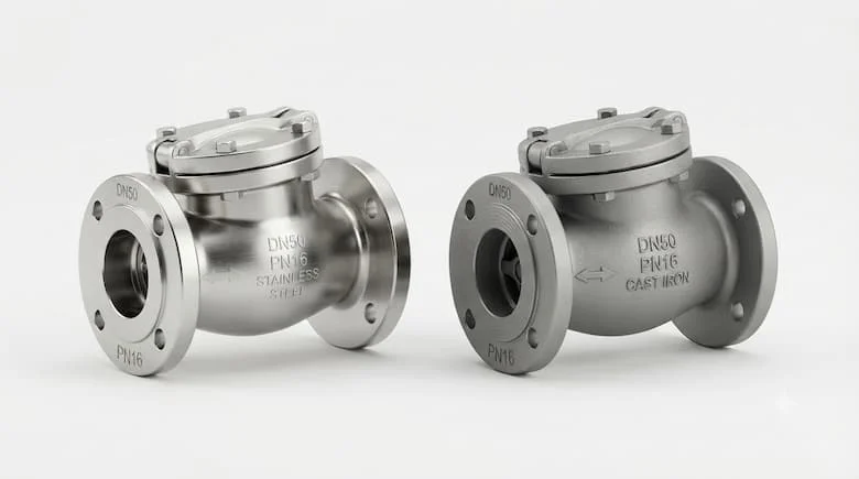 Ảnh sản phẩm thực tế của van một chiều DN50 / 60mm, thân kim loại công nghiệp, có các tùy chọn thép không gỉ và gang