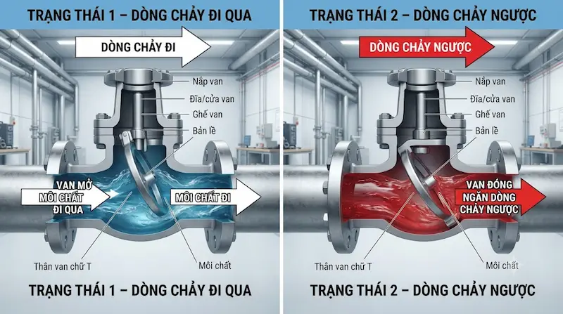 Cấu tạo và nguyên lý hoạt động của van một chiều chữ t
