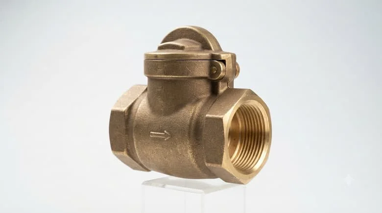Ảnh sản phẩm chuyên nghiệp của một van một chiều bằng đồng thau, đầu ren, kết cấu kim loại đồng thau chân thực, nền trắng sạch, ánh sáng studio