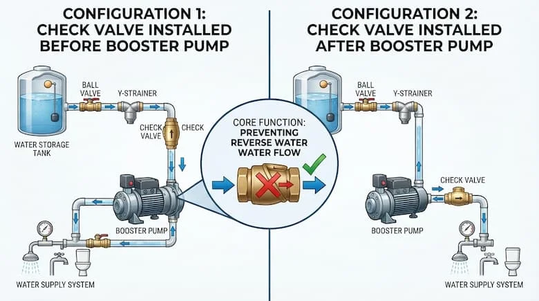 một infographic so sánh chuyên nghiệp, thể hiện hai cấu hình lắp đặt van một chiều khác nhau cho máy bơm tăng áp nước