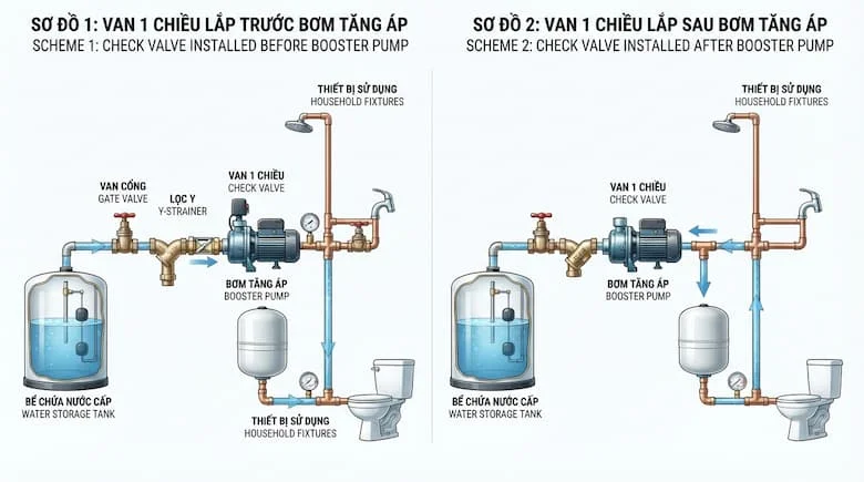 sơ đồ kỹ thuật chuyên nghiệp về hệ thống đường ống nước, thể hiện hệ thống bơm tăng áp có van một chiều được lắp đặt trước bơm tăng áp