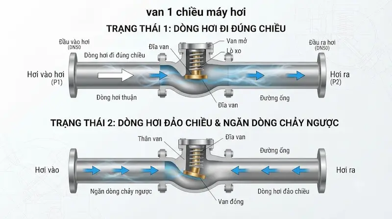 Cấu tạo và nguyên lý hoạt động của van một chiều máy hơi
