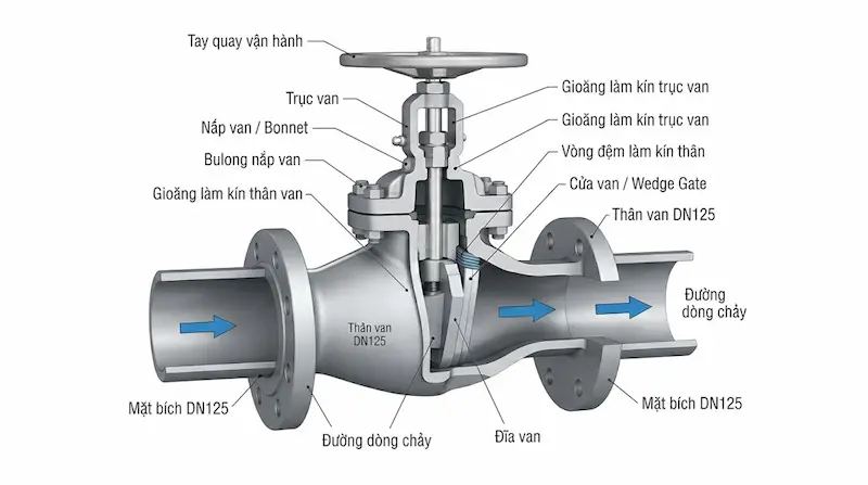 Nguyên lý hoạt động và cấu tạo bên trong của van DN125