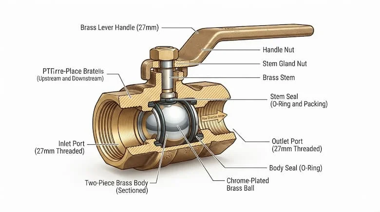 Sơ đồ cắt ngang kỹ thuật của một van đồng thau 27mm, thể hiện thân van, cơ cấu van, trục van, gioăng và tay cầm, cấu trúc kỹ thuật chính xác, các bộ phận được dán nhãn
