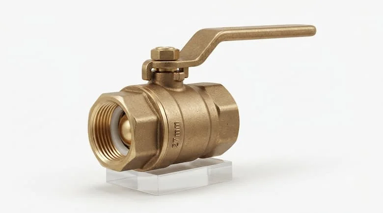Van đồng thau 27mm chân thực, thân van bằng đồng thau, tay cầm bằng đồng thau, các khớp nối ren, góc nhìn sản phẩm 3/4, phông nền studio màu trắng