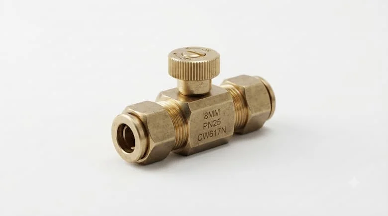 Ảnh sản phẩm chuyên nghiệp của van mini 8mm, van bằng đồng thau nhỏ gọn với đầu nối ống 8mm, kết cấu kim loại chân thực, nền trắng, ánh sáng studio