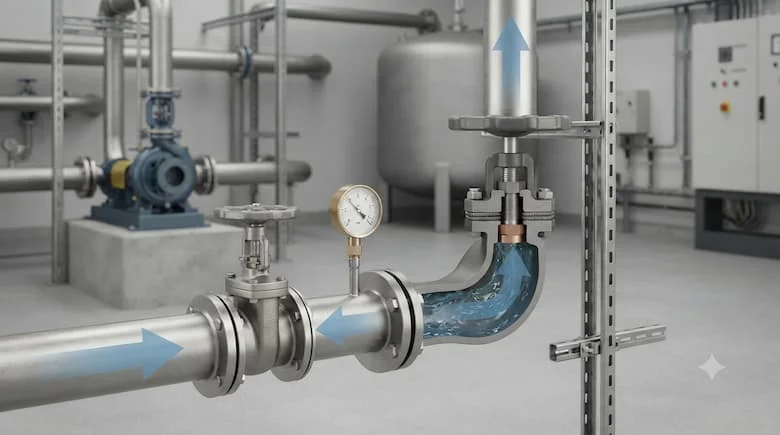một mô hình đường ống công nghiệp thực tế, thể hiện van góc 90 độ được lắp đặt giữa hai đường ống vuông góc