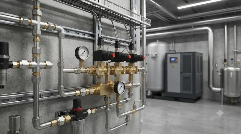 Hình ảnh chân thực về các van khí công nghiệp được lắp đặt trong hệ thống đường ống khí nén của nhà máy, máy nén khí và các đường ống kim loại ở phía sau, môi trường kỹ thuật chuyên nghiệp,