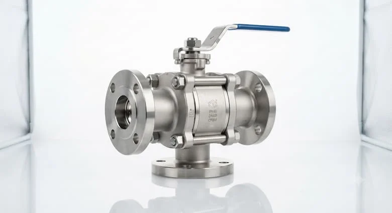 nh sản phẩm độ phân giải cao của van bi ba chiều (van 3 chiều) làm bằng thép không gỉ, có cấu hình cổng chữ T và cổng chữ L