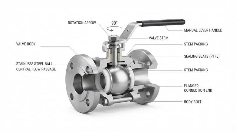  bản vẽ kỹ thuật chi tiết theo mặt cắt ngang của van bi tay gạt DN50, kích thước danh nghĩa DN50 (2 inch). Thể hiện cấu trúc bên trong của van