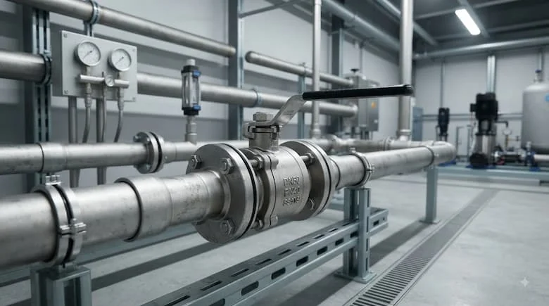 một cảnh ứng dụng công nghiệp thực tế thể hiện van bi tay gạt DN50 được lắp đặt trên hệ thống đường ống chuyên nghiệp