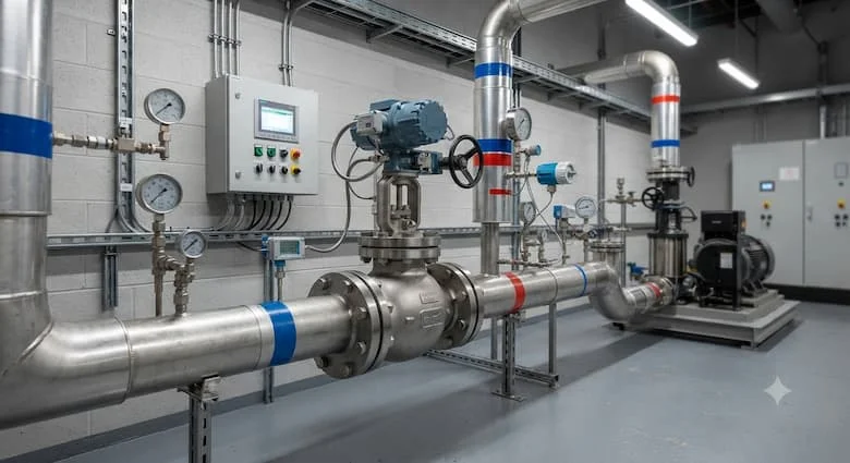 một cảnh lắp đặt công nghiệp thực tế thể hiện van cầu điều khiển bằng bộ truyền động điện được lắp đặt trong đường ống dẫn hơi nước và nước nóng