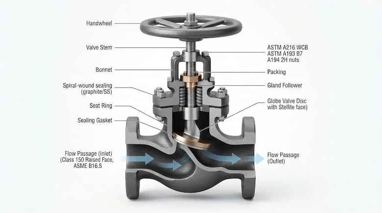 ản vẽ kỹ thuật chi tiết chuyên nghiệp về hình chiếu cắt của một van cầu gang công nghiệp. Thể hiện thân van ở mặt cắt ngang với các bộ phận bên trong rõ ràng bao gồm tay quay, trục van, nắp van, đĩa van cầu, đế van, gioăng làm kín và đường dẫn dòng chảy