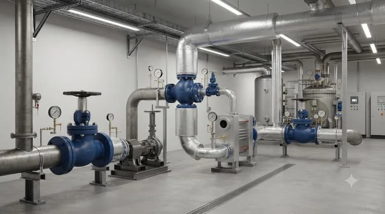 Một phòng máy công nghiệp thực tế với các van cầu kiểu châu Âu được lắp đặt trên các đường ống hơi nước và nước nóng áp suất cao, kết nối với nồi hơi, bộ trao đổi nhiệt, máy bơm, đồng hồ đo áp suất và thiết bị xử lý công nghiệp