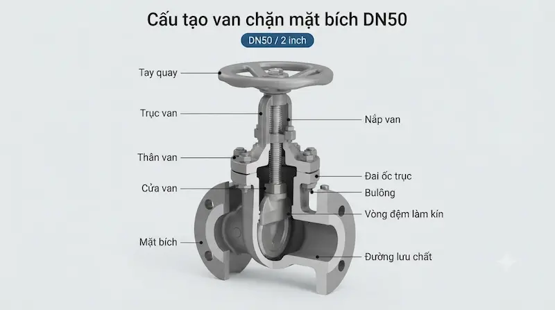 Nguyên lý hoạt động và cấu tạo bên trong của van chặn mặt bích