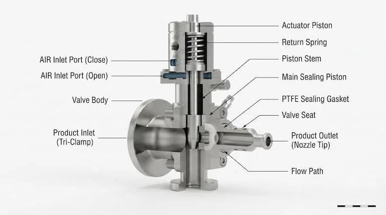 bản vẽ kỹ thuật chi tiết mặt cắt của một van chiết rót bằng thép không gỉ, thể hiện thân van, piston, gioăng làm kín, cửa nạp và xả, và đường dẫn dòng chảy bên trong, theo phong cách kỹ thuật công nghiệp