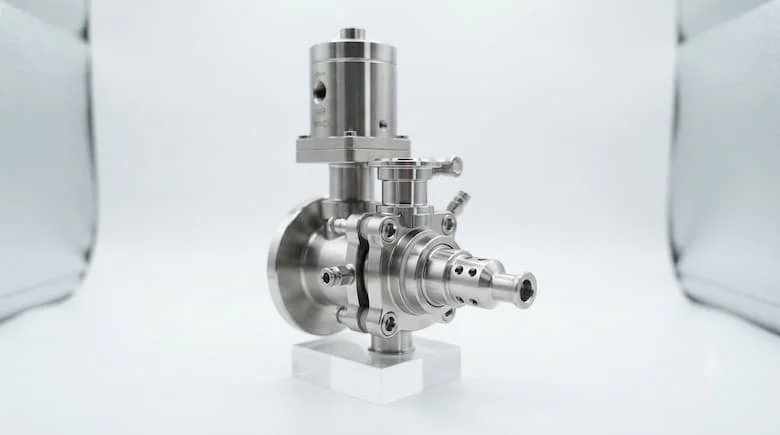 ảnh sản phẩm chuyên nghiệp độ phân giải 4K cho van chiết rót bằng thép không gỉ dùng trong máy chiết rót chất lỏng công nghiệp, thiết kế hợp vệ sinh, thân van bằng thép không gỉ được đánh bóng
