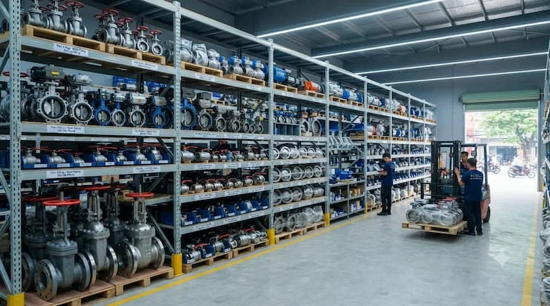 Kho van công nghiệp chuyên nghiệp tại Hà Nội, Việt Nam, cung cấp đa dạng các loại van công nghiệp bao gồm van cổng, van bướm, van bi và van một chiều, kệ trưng bày được sắp xếp gọn gàng