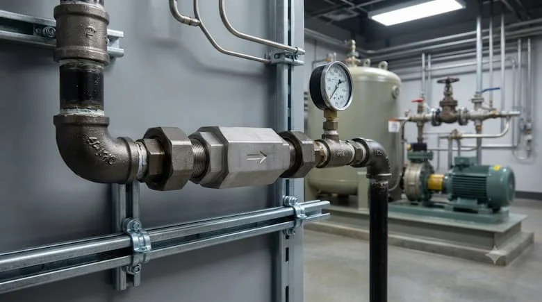 Cảnh công nghiệp thực tế về van kiểm tra dầu một chiều được lắp đặt trong hệ thống đường ống dẫn dầu, ống kim loại, phụ kiện và thiết bị công nghiệp, môi trường kỹ thuật chuyên nghiệp