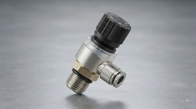 hình ảnh sản phẩm chân thực cao cấp về van điều khiển lưu lượng khí nén được sử dụng trong hệ thống khí nén công nghiệp