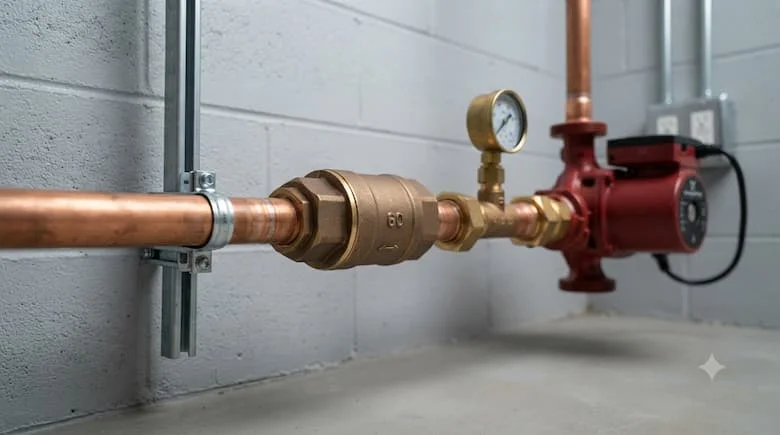 Van một chiều bằng đồng thau thực tế được lắp đặt trên hệ thống đường ống nước dân dụng gần máy bơm nước, công trình lắp đặt chuyên nghiệp, môi trường sạch sẽ
