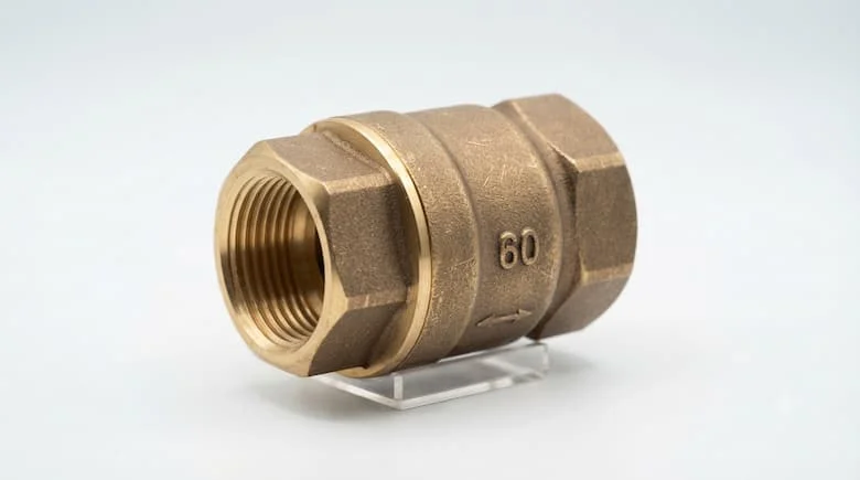 Ảnh sản phẩm chuyên nghiệp của van một chiều bằng đồng thau 60, thân bằng đồng thau nhỏ gọn, kết nối ren, kết cấu đồng thau chân thực, nền trắng, ánh sáng studio,